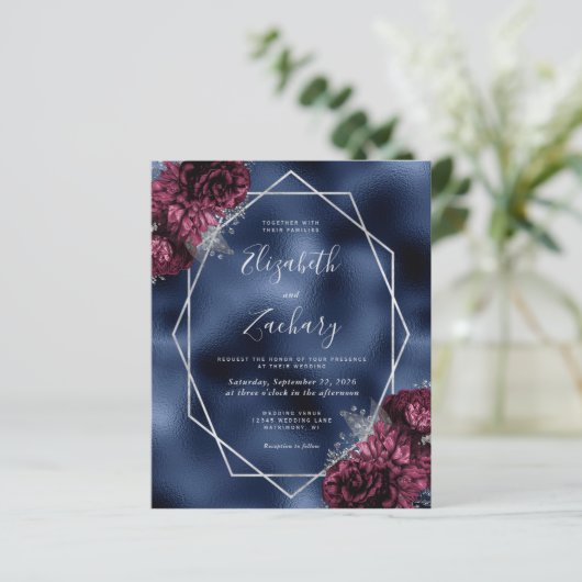 Budget Navy Bourgondië Zilver Bloemen QR Code Huwe (Staand voorkant)