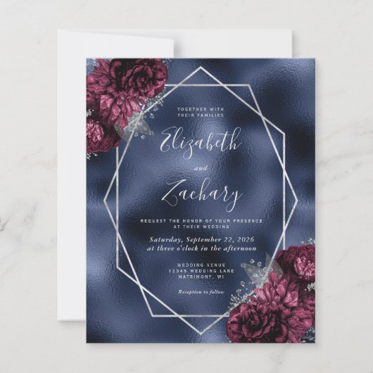 Budget Navy Bourgondië Zilver Bloemen QR Code Huwe (Voorkant)