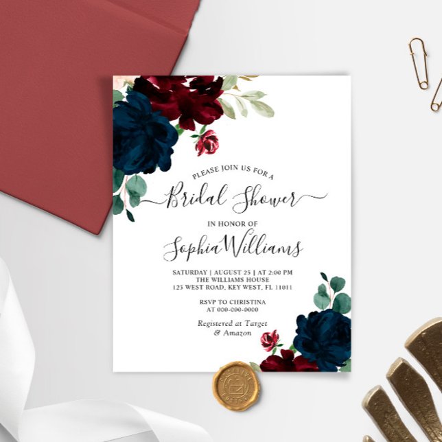 Budget Navy & Burgundy Bridal Shower Invitation (Creator heeft geüpload)