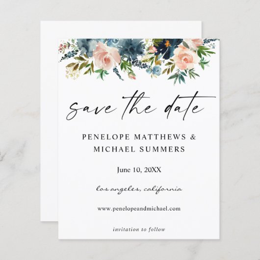 Budget Navy D Blue & Pink Floral Save the Date V2 (Voorkant / Achterkant)