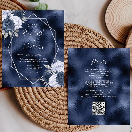 Budget Navy Dusty Blue Floral QR Code Wedding
