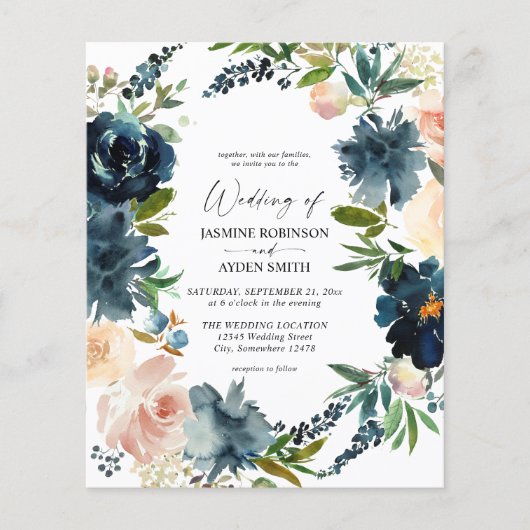 Budget Navy Dusty Blue & Pink Blush Wedding Flyer (Voorkant)