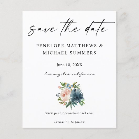 Budget Navy Dusty Blue & Pink Floral Save the Date Flyer (Voorkant)