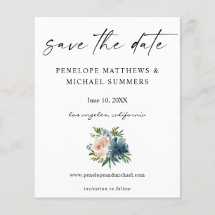 Budget Navy Dusty Blue & Pink Floral Save the Date Flyer