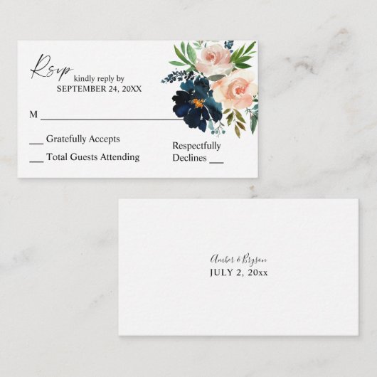 Budget Navy, Dusty Blue, Roze 2SM No Meal RSVP Informatiekaartje (Voorkant / Achterkant)