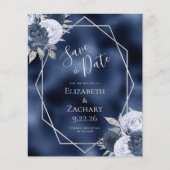 Budget Navy Dusty Blue Silver Floral Save the Date (Voorkant)