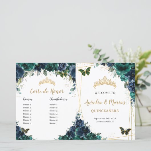 Budget Navy Emerald Floral Quinceañera Programma (Staand voorkant)