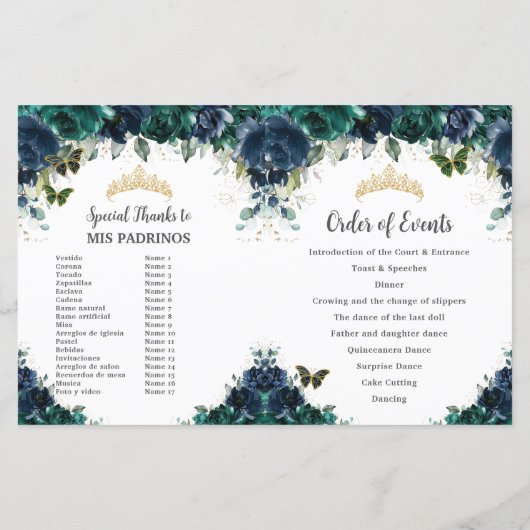 Budget Navy Emerald Floral Quinceañera Programma (Achterkant)
