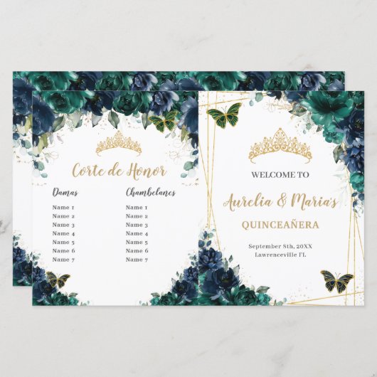 Budget Navy Emerald Floral Quinceañera Programma (Voorkant / Achterkant)