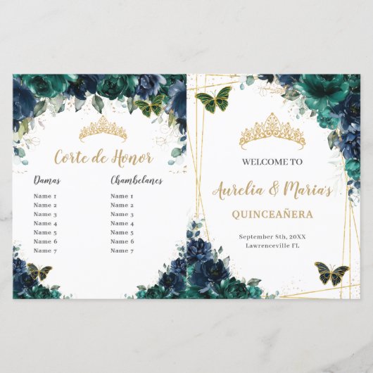 Budget Navy Emerald Floral Quinceañera Programma (Voorkant)