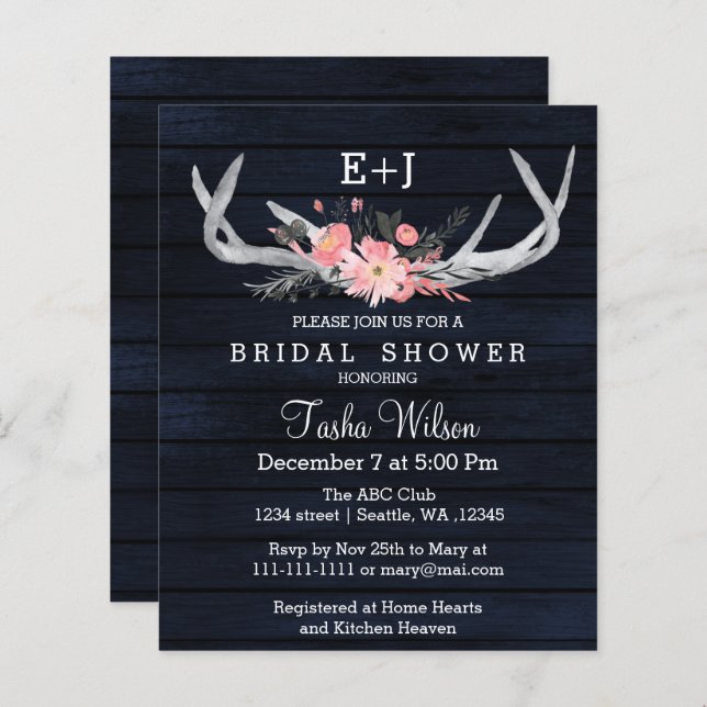 Budget Navy Floral Antler Bridal Shower (Voorkant / Achterkant)