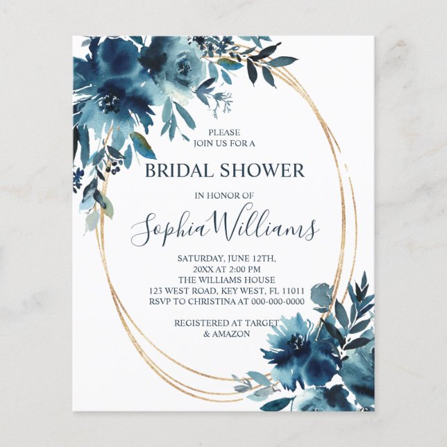 Budget Navy Flower & Gold Bridal Shower Invitation (Voorkant)