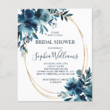 Budget Navy Flower & Gold Bridal Shower Invitation