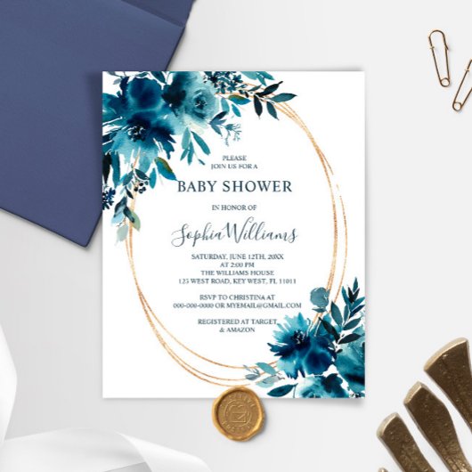 Budget Navy Flowers & Gold Baby shower Invitation