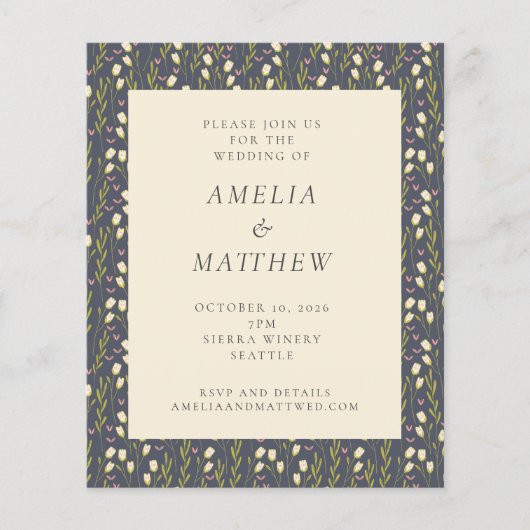 Budget Navy Garden Floral Rustic Wedding Invite (Voorkant)