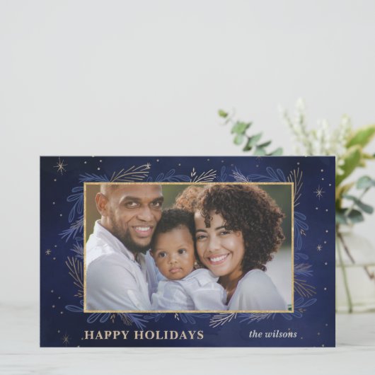 Budget Navy Gold Botanical Photo Holiday Card (Staand voorkant)