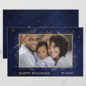 Budget Navy Gold Botanical Photo Holiday Card (Voorkant / Achterkant)