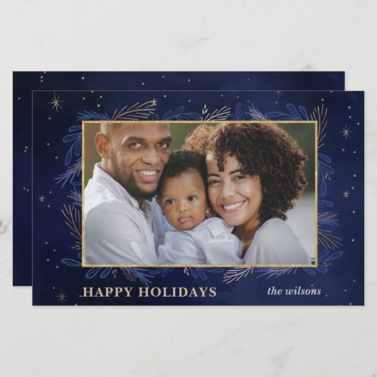 Budget Navy Gold Botanical Photo Holiday Card (Voorkant / Achterkant)
