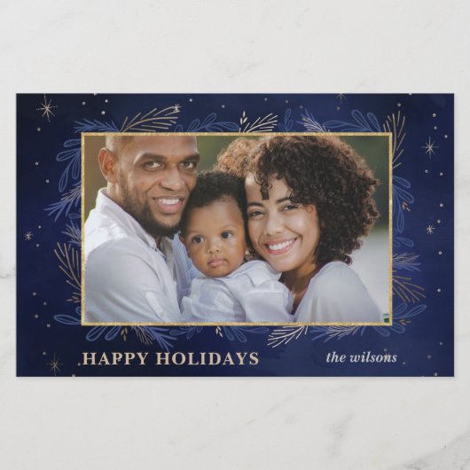 Budget Navy Gold Botanical Photo Holiday Card (Voorkant)