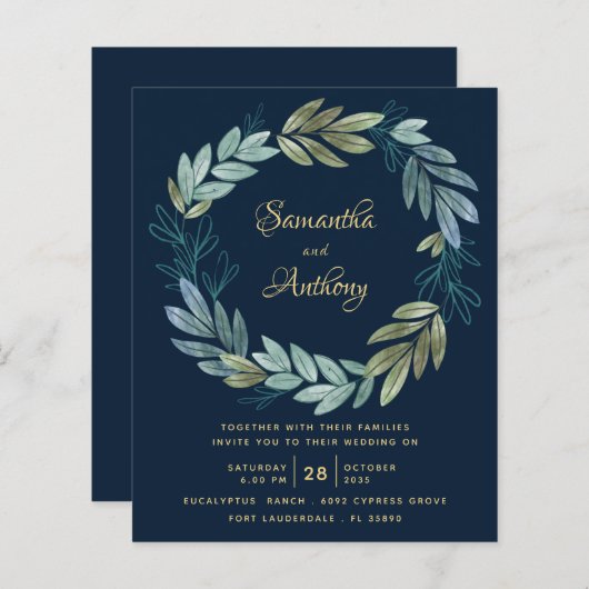 Budget Navy Gold Botanical Wedding (Voorkant / Achterkant)
