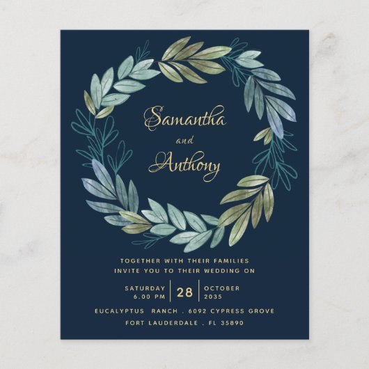 Budget Navy Gold Botanical Wedding (Voorkant)