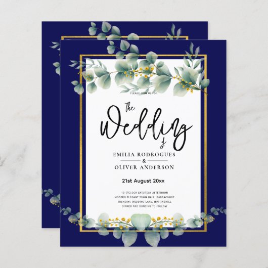 BUDGET NAVY GOLD Eucalyptus Weddenschap nodigt QR (Voorkant / Achterkant)