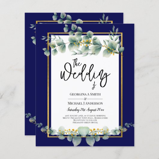 BUDGET NAVY GOLD Eucalyptus Weddenschap nodigt QR (Voorkant / Achterkant)