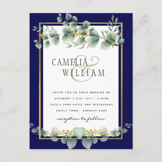 BUDGET NAVY GOLD Eucalyptus Weddenschap nodigt QR  Briefkaart (Voorkant)