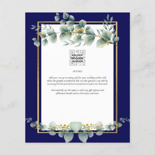 BUDGET NAVY GOLD Eucalyptus Weddenschap nodigt QR Flyer (Achterkant)