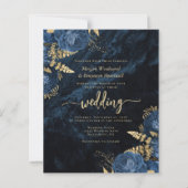 Budget Navy Gold Floral QR Code Huwelijksuitnodigi (Voorkant)