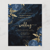 Budget Navy Gold Floral QR Code Huwelijksuitnodigi (Voorkant)