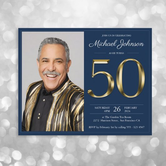 Budget Navy Gold Foto 50e Verjaardag Uitnodiging