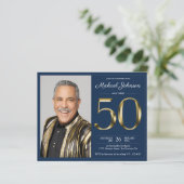 Budget Navy Gold Foto 50e Verjaardag Uitnodiging (Staand voorkant)