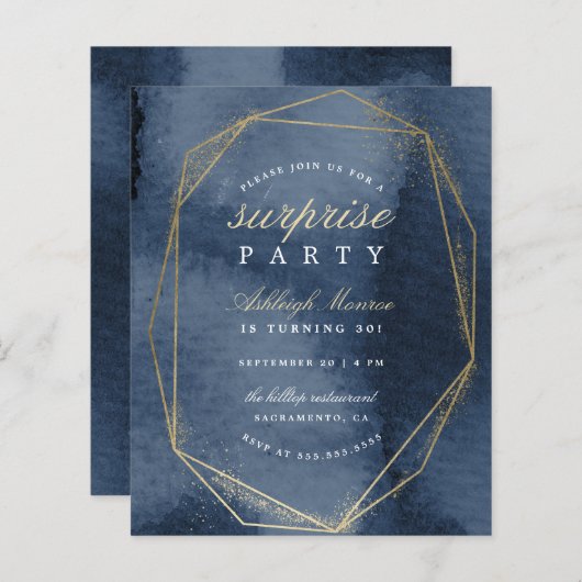Budget Navy & Gold Geometric Lijst Surprise Party (Voorkant / Achterkant)