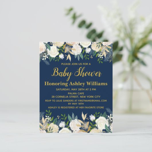 Budget Navy Gold Greenery Baby shower Invitation (Staand voorkant)