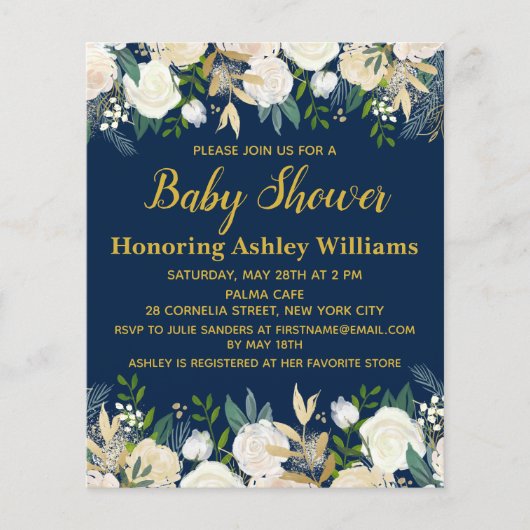 Budget Navy Gold Greenery Baby shower Invitation (Voorkant)