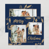 Budget Navy Gold Leaves 2 Foto Kerstmis Kaart (Voorkant / Achterkant)