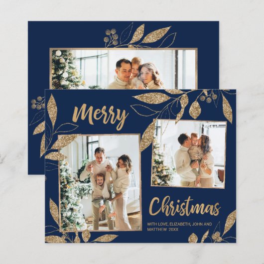 Budget Navy Gold Leaves 2 Foto Kerstmis Kaart (Voorkant / Achterkant)