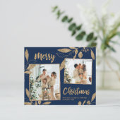 Budget Navy Gold Leaves 2 Foto Kerstmis Kaart (Staand voorkant)