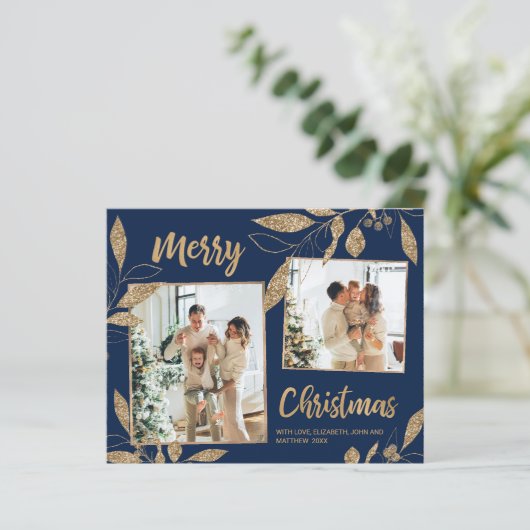Budget Navy Gold Leaves 2 Foto Kerstmis Kaart (Staand voorkant)