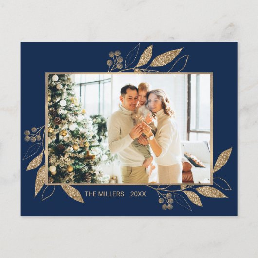 Budget Navy Gold Leaves 2 Foto Kerstmis Kaart (Achterkant)