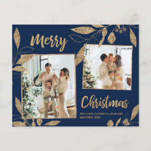 Budget Navy Gold Leaves 2 Foto Kerstmis Kaart
