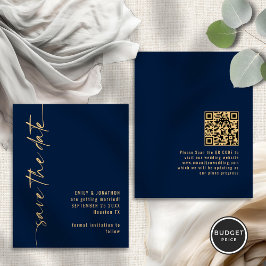 Budget Navy Gold Script QR Bruiloft Save the Date