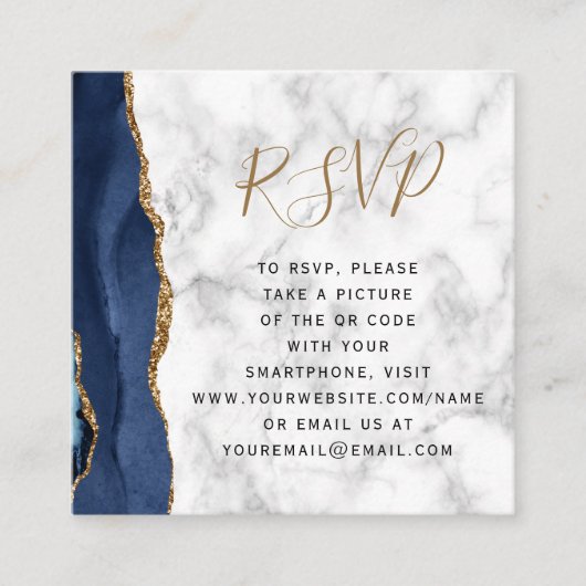 Budget Navy Goud Agate Marmer Huwelijk QR Code RSV Informatiekaartje (Voorkant)