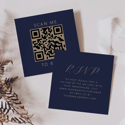 Budget Navy Goud Schrift Huwelijk QR Code RSVP Informatiekaartje