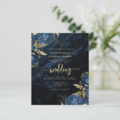 Budget Navy Gouden Bloemencode QR Trouwuitnodiging (Staand voorkant)