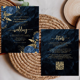 Budget Navy Gouden Bloemencode QR Trouwuitnodiging