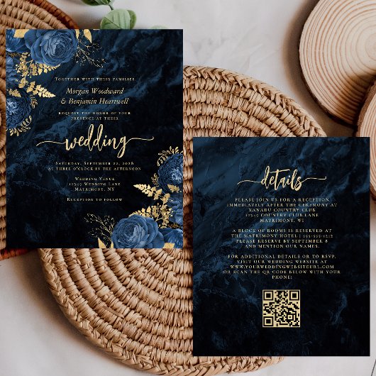 Budget Navy Gouden Bloemencode QR Trouwuitnodiging