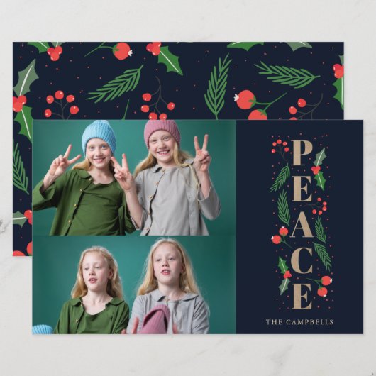 Budget Navy Holly Berry Peace Photo Holiday Card (Voorkant / Achterkant)