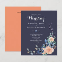 BUDGET Navy Perzik Bloemen Trouw Uitnodiging